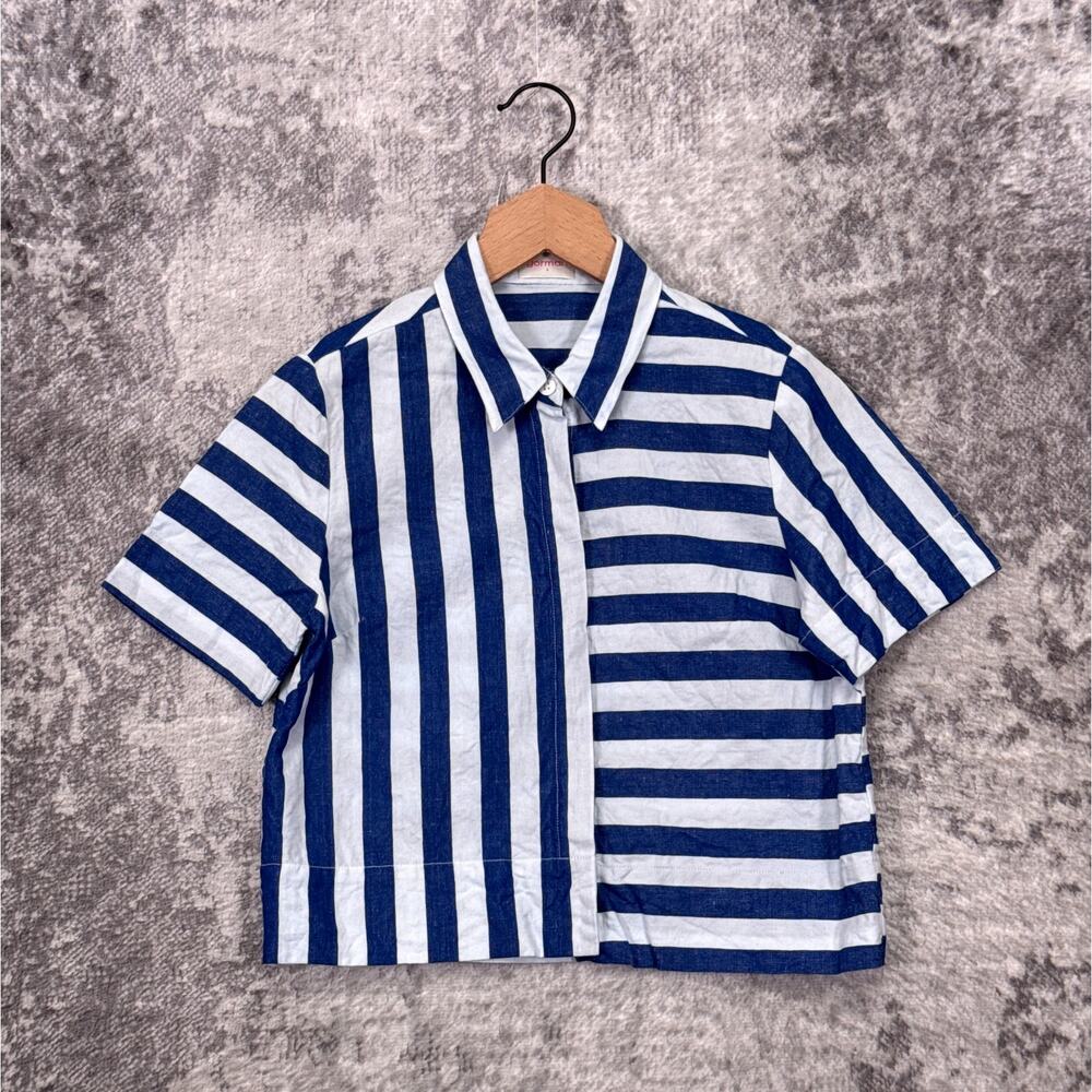 Gorman • Blue and White Striped Cropped Button Down Shirt • Small